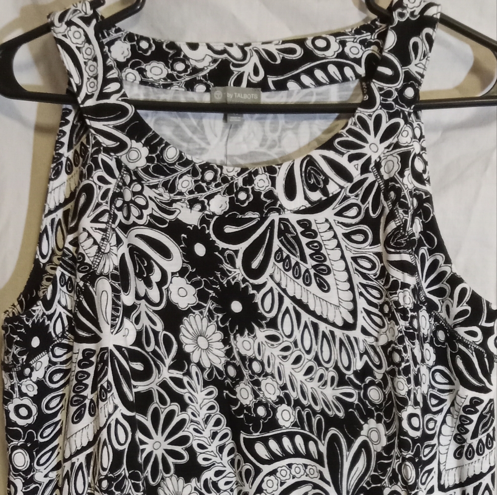🩷💚🆕️⚜️T By Talbots⚜️🩷💚Womens Floral Dress Black White Drawstring Waist Med